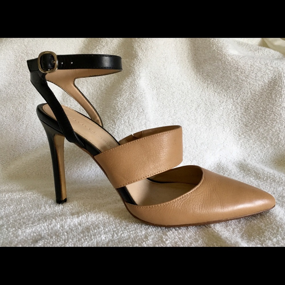 Black and beige sling back shoes.